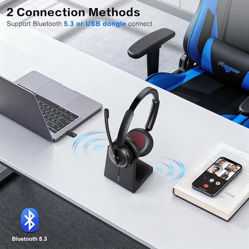 Wireless Headset with Mic for Work, Bluetooth Headphones with Microphone (Noise Cancelling & Mute Button), Wireless Headset with mic for Work/Computer/PC/Laptop/Cell Phones/Call Center/Teams/Zoom/Home in Kuwait