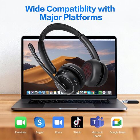 Wireless Headset with Mic for Work, Bluetooth Headphones with Microphone (Noise Cancelling & Mute Button), Wireless Headset with mic for Work/Computer/PC/Laptop/Cell Phones/Call Center/Teams/Zoom/Home in Kuwait