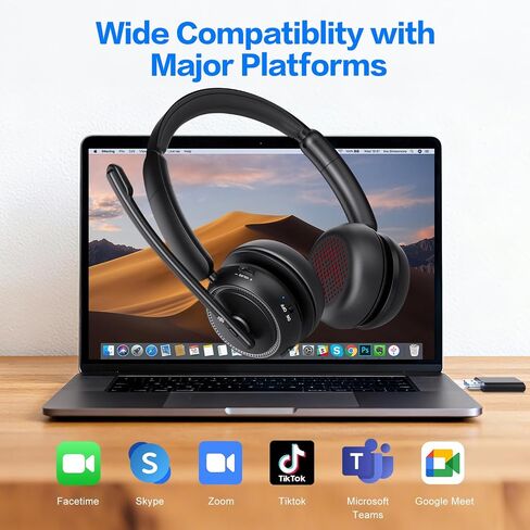 Wireless Headset with Mic for Work, Bluetooth Headphones with Microphone (Noise Cancelling & Mute Button), Wireless Headset with mic for Work/Computer/PC/Laptop/Cell Phones/Call Center/Teams/Zoom/Home in Kuwait