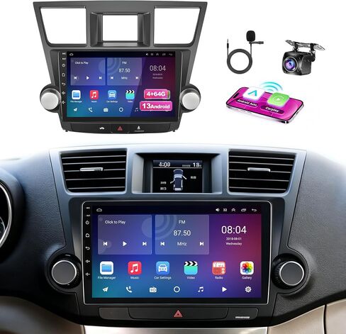 10.1 inch Car Radio for for Toyota Highlander 2008-2013 IPS Touchscreen Android 13 Stereo with Wireless CarPlay Android Auto, 4+64G GPS Navigation Bluetooth Backup Camera Steering Wheel Control in Kuwait