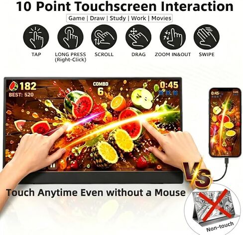 15.6'' Portable Monitor Touchscreen 10 Point 1080P IPS External Touchscreen Monitor for Laptop, USB-C HDMI Second Portable Screen Travel Monitor with 2 Speakers VESA for Mac Window PC Phone PS5（Touch） in Kuwait