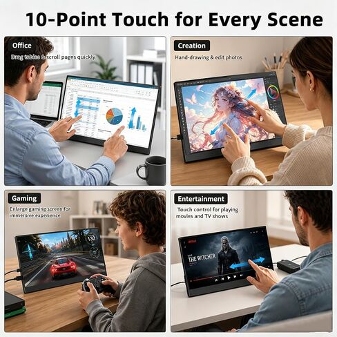 15.6'' Portable Monitor Touchscreen 10 Point 1080P IPS External Touchscreen Monitor for Laptop, USB-C HDMI Second Portable Screen Travel Monitor with 2 Speakers VESA for Mac Window PC Phone PS5（Touch） in Kuwait