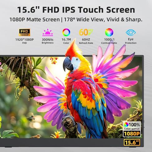 15.6'' Portable Monitor Touchscreen 10 Point 1080P IPS External Touchscreen Monitor for Laptop, USB-C HDMI Second Portable Screen Travel Monitor with 2 Speakers VESA for Mac Window PC Phone PS5（Touch） in Kuwait