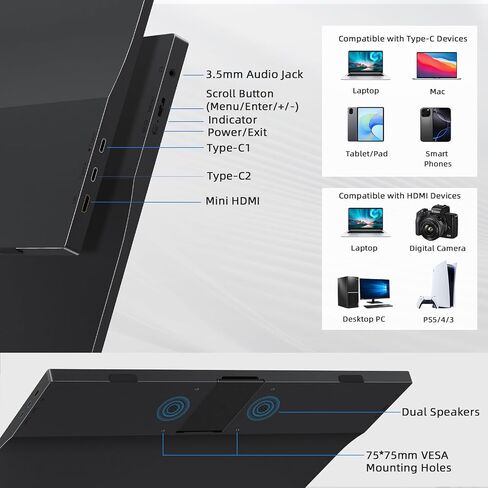 15.6'' Portable Monitor Touchscreen 10 Point 1080P IPS External Touchscreen Monitor for Laptop, USB-C HDMI Second Portable Screen Travel Monitor with 2 Speakers VESA for Mac Window PC Phone PS5（Touch） in Kuwait