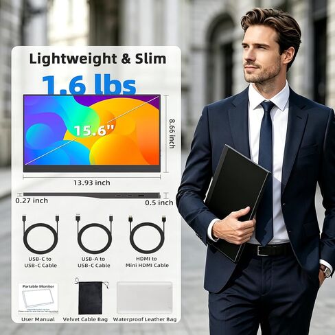 15.6'' Portable Monitor Touchscreen 10 Point 1080P IPS External Touchscreen Monitor for Laptop, USB-C HDMI Second Portable Screen Travel Monitor with 2 Speakers VESA for Mac Window PC Phone PS5（Touch） in Kuwait