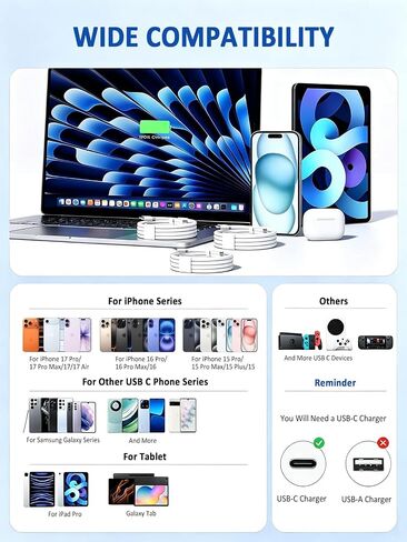 10 FT USB C Cable Fast Charging Long Charger Cord for iPhone 17 16 15 3Pack in Kuwait