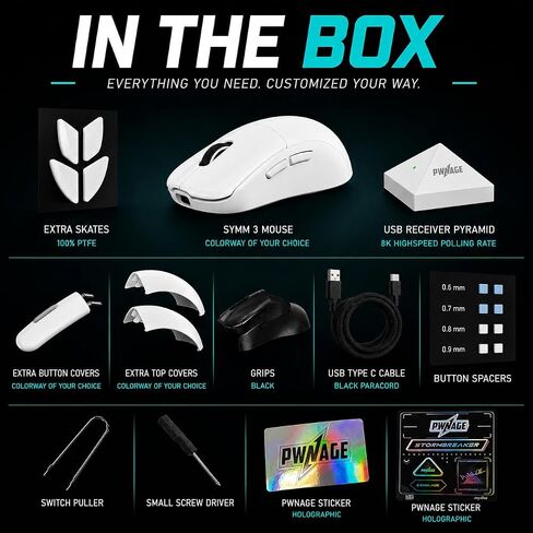 PWNAGE Ultra Custom Wireless RGB Gaming Mouse - Esports Pro Gamer Flawless Professional PAW3950 Optical Sensor 36,000 DPI -100% PTFE Skates (Symm 3 White 300mAh) in Kuwait