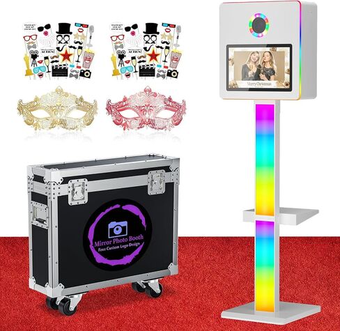 Mirror Photo Booth with 15.6" Touch Screen, DSLR Photo Booth Machine with Printer Flight Case APP Control RGB Light Instant Print and Sharing for Events Weddings Parties Rental(NO Camera) in Kuwait