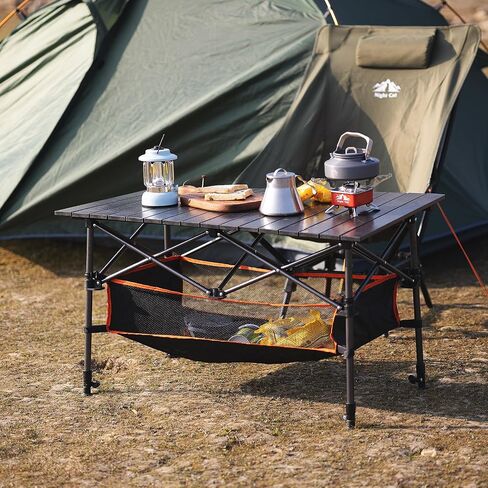 Night Cat Camping Table with Storage Basket Foldable Picnic Table for Outdoor Indoor Lightweight Rustless Adjustable Height 1.7-3ft BBQ Garden Backyard 37x22in in Kuwait