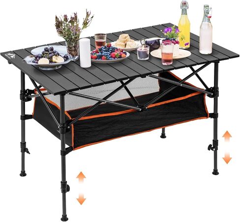 Night Cat Camping Table with Storage Basket Foldable Picnic Table for Outdoor Indoor Lightweight Rustless Adjustable Height 1.7-3ft BBQ Garden Backyard 37x22in in Kuwait