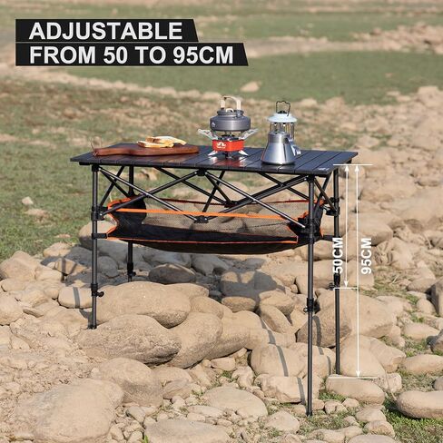 Night Cat Camping Table with Storage Basket Foldable Picnic Table for Outdoor Indoor Lightweight Rustless Adjustable Height 1.7-3ft BBQ Garden Backyard 37x22in in Kuwait