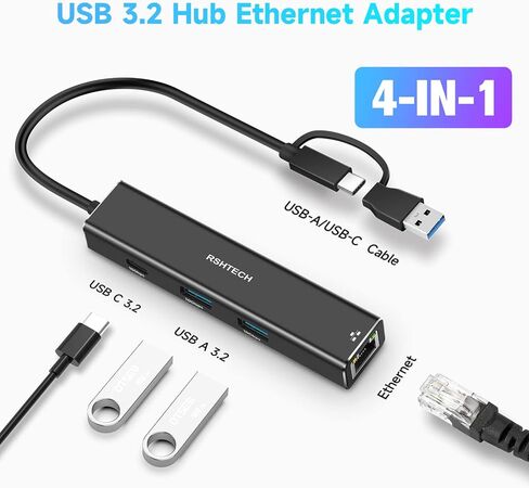 RSHTECH USB to Ethernet Adapter, 4-Port USB 3.2 Hub with Gigabit Ethernet in Kuwait