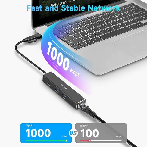 RSHTECH USB to Ethernet Adapter, 4-Port USB 3.2 Hub with Gigabit Ethernet in Kuwait