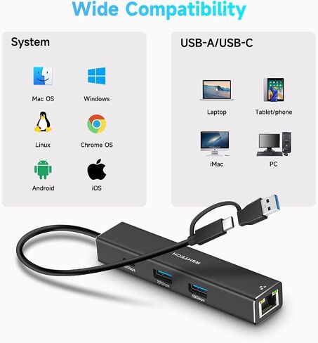RSHTECH USB to Ethernet Adapter, 4-Port USB 3.2 Hub with Gigabit Ethernet in Kuwait