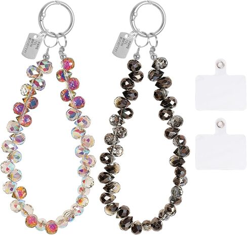 Heliltd 2PCS Crystal Beaded Phone Wrist Strap with Patch, Phone Charm Lanyard Amber Black Wristlet Anti Drop Phone Strap Cute Keychain Wristlet for Women for Daily Use Travel Gift in Kuwait