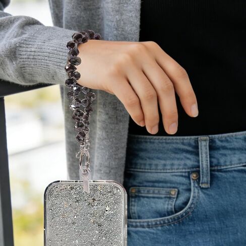 Heliltd 2PCS Crystal Beaded Phone Wrist Strap with Patch, Phone Charm Lanyard Amber Black Wristlet Anti Drop Phone Strap Cute Keychain Wristlet for Women for Daily Use Travel Gift in Kuwait