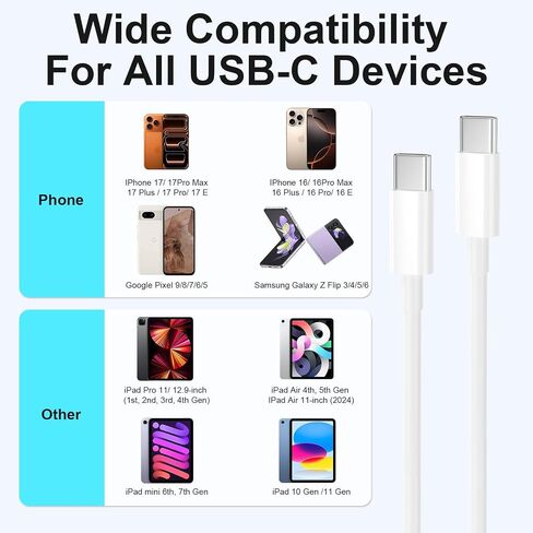 3ft USBC to USBC Cable, 2Pack 3A USB C to C Cable Fast Charging Cord Carplay Type C to Type C Cable for iPhone 17 16 15 Pro Max, MacBook, Samsung Galaxy White in Kuwait