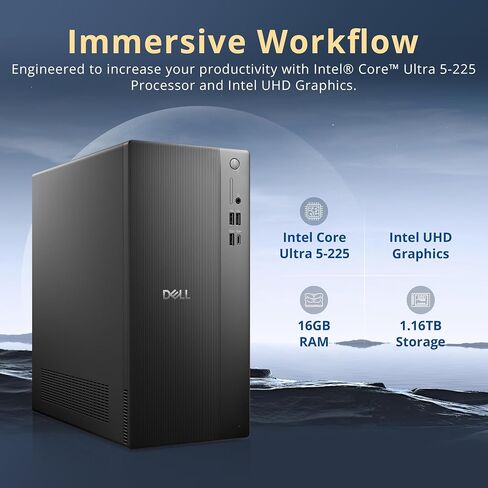Dell ECT1250 Tower Desktop, Intel Core Ultra 5 225, 16GB DDR5, 1.16TB Storage (1TB SSD+160GB Docking Station), Intel UHD Graphics, Wi-Fi 6, Bluetooth, Wired Keyboard & Mouse, Windows 11, Black in Kuwait