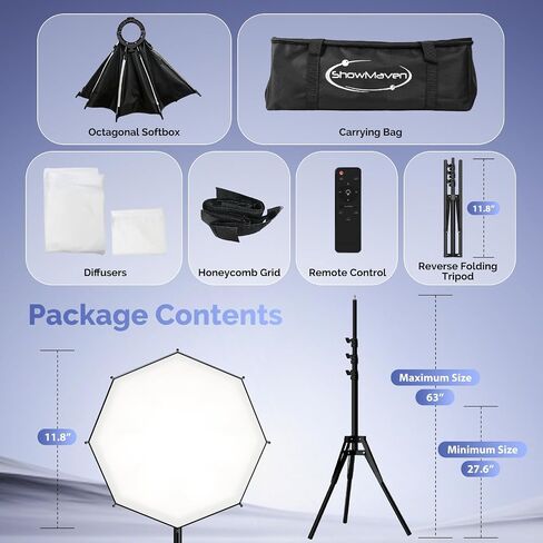 ShowMaven 12" Octagonal Softbox Lighting Kit with 63" Adjustable Tripod, 90W COB LED Light 3000K-6500K, Remote Control Studio Light for Portable Photography, Video Recording, YouTube, Portrait in Saudi Arabia
