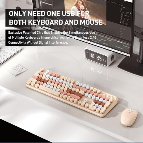 FOPETT 2.4GHz Wireless Keyboard and Mouse Set with Switch Button - Full-Size Keyboard - Compatible for Windows/Laptop/PC/Notebook/Smart TV and More - Milk Tea Colorful in Saudi Arabia