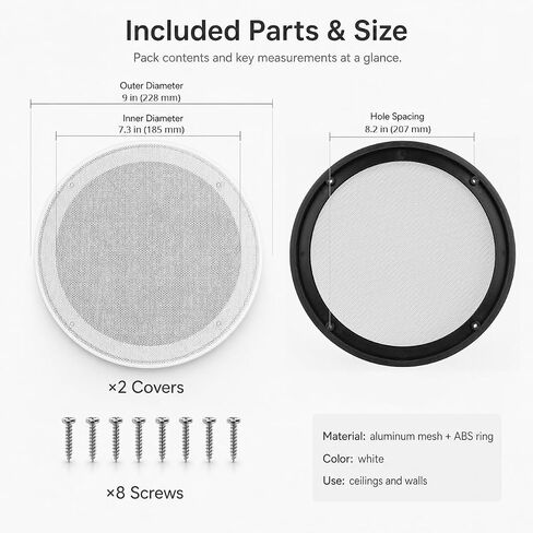 QWORK 2PCS 8 Inch Ceiling Speaker Covers, White Round Speaker Grill Mesh with Mounting Rings - Surface Mount Woofer Guard Protector for Home Theater, RV, Marine and Automotive Audio in Kuwait