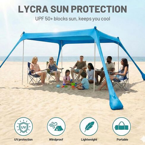 10x10 FT Beach Tent Sun Shelter, Lycra Beach Canopy with 2 or 4 Adjustable Poles, Windproof Sun Shade for Beach, Picnic and Backyard, Portable Shelter for 6-8 Person, Beach Essentials, Blue in Kuwait