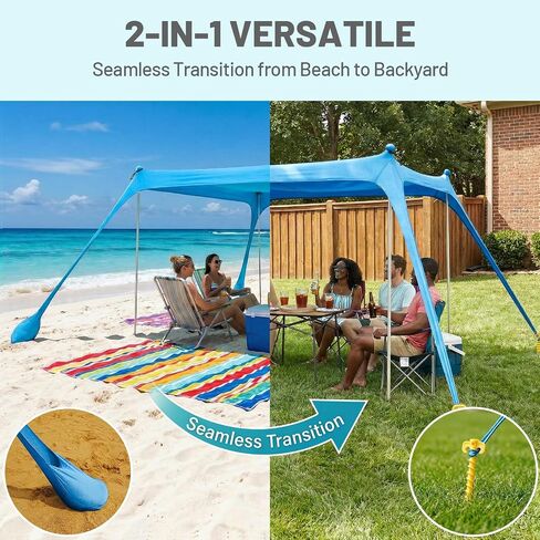 10x10 FT Beach Tent Sun Shelter, Lycra Beach Canopy with 2 or 4 Adjustable Poles, Windproof Sun Shade for Beach, Picnic and Backyard, Portable Shelter for 6-8 Person, Beach Essentials, Blue in Kuwait