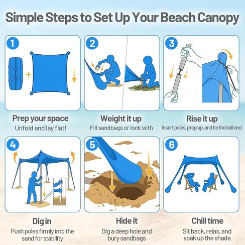 10x10 FT Beach Tent Sun Shelter, Lycra Beach Canopy with 2 or 4 Adjustable Poles, Windproof Sun Shade for Beach, Picnic and Backyard, Portable Shelter for 6-8 Person, Beach Essentials, Blue in Kuwait