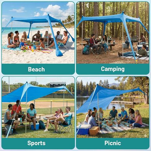 10x10 FT Beach Tent Sun Shelter, Lycra Beach Canopy with 2 or 4 Adjustable Poles, Windproof Sun Shade for Beach, Picnic and Backyard, Portable Shelter for 6-8 Person, Beach Essentials, Blue in Kuwait