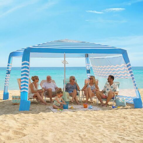 Beach Cabana 8'×8', Portable Beach Canopy with Side Wall, UPF 50+ Silver-Coated Beach Tent Sun Shelter Easy Pop Up, Wind Resistant Adjustable Height Beach Umbrella Tent for Family, Light Blue in Kuwait