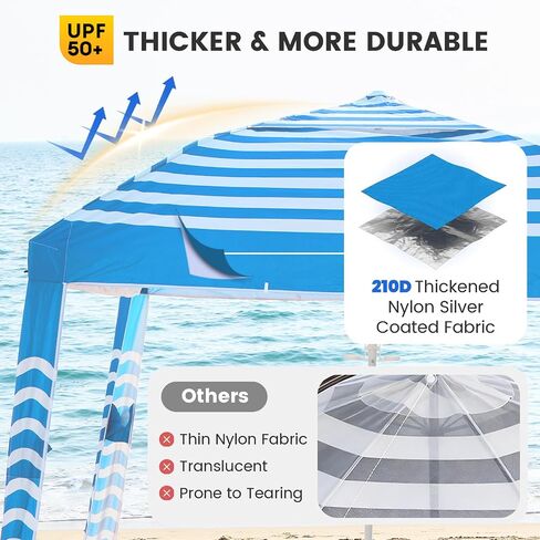 Beach Cabana 8'×8', Portable Beach Canopy with Side Wall, UPF 50+ Silver-Coated Beach Tent Sun Shelter Easy Pop Up, Wind Resistant Adjustable Height Beach Umbrella Tent for Family, Light Blue in Kuwait