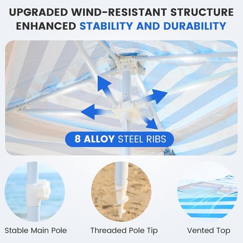 Beach Cabana 8'×8', Portable Beach Canopy with Side Wall, UPF 50+ Silver-Coated Beach Tent Sun Shelter Easy Pop Up, Wind Resistant Adjustable Height Beach Umbrella Tent for Family, Light Blue in Kuwait