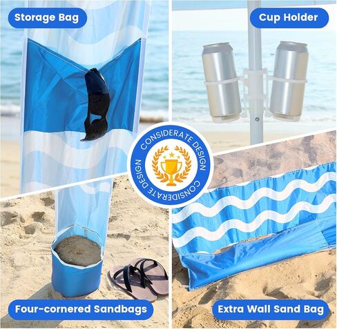 Beach Cabana 8'×8', Portable Beach Canopy with Side Wall, UPF 50+ Silver-Coated Beach Tent Sun Shelter Easy Pop Up, Wind Resistant Adjustable Height Beach Umbrella Tent for Family, Light Blue in Kuwait