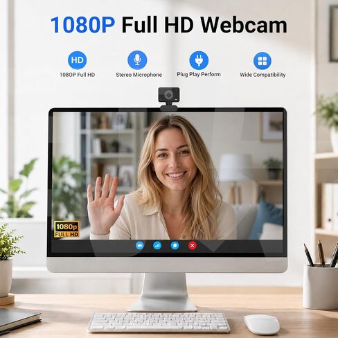 Webcam for PC, 1080P USB Web Camera with Privacy Cover & Built‑in Microphone, Plug and Play for Video Meeting Online Class Live Stream, Compatible with Mac Windows Laptops in Saudi Arabia