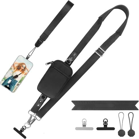 YFWE Clip and Go Strap for Phone With Wallet Crossbody (Detachable RFID Wallet) - Adjustable Phone Strap w/Soft Silicone Pad, Universal Phone Lanyard with 360° Rotatable Tether Tabs for All Phones in Saudi Arabia