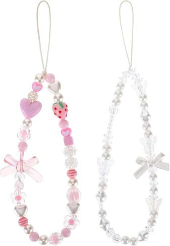 2 Pcs Phone Charm Keychain Wristlet, Beaded Pearl Camera Wrist Strap, Butterfly Bow Phone Keychains Camera Charm Strap, Wrist Keychain Bracelet Lanyard Purse Bag Charms for Women Aesthetic in Saudi Arabia