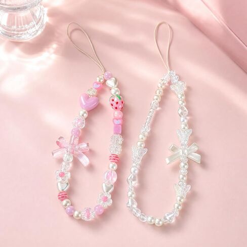 2 Pcs Phone Charm Keychain Wristlet, Beaded Pearl Camera Wrist Strap, Butterfly Bow Phone Keychains Camera Charm Strap, Wrist Keychain Bracelet Lanyard Purse Bag Charms for Women Aesthetic in Saudi Arabia