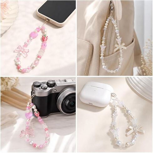 2 Pcs Phone Charm Keychain Wristlet, Beaded Pearl Camera Wrist Strap, Butterfly Bow Phone Keychains Camera Charm Strap, Wrist Keychain Bracelet Lanyard Purse Bag Charms for Women Aesthetic in Saudi Arabia