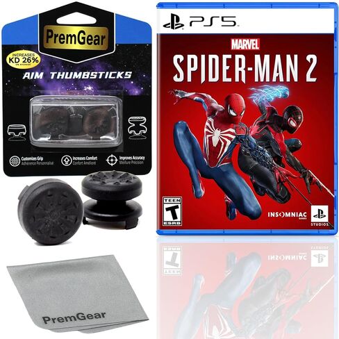 MARVEL’S SPIDER-MAN 2 compatible with PlayStation 5 (PS5) Standard Edition (US Version), with PremGear ThumbSticks (2 pack: 1 High-Rise, 1 Mid-Rise) & Cleaning Cloth in Saudi Arabia
