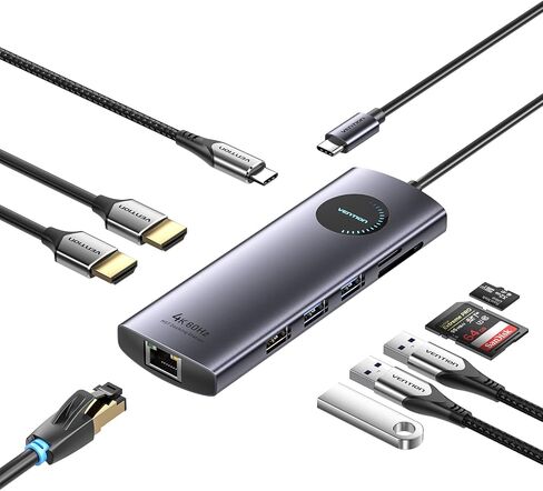 VENTION 9-in-1 USB C Docking Station, Dual 4K@60Hz HDMI, 100W PD, Gigabit Ethernet, 5Gbps USB-A, SD/TF, Grey, Windows/MacBook Compatible, Dell XPS, HP Spectre, Lenovo Yoga, Surface Pro, MacBook Air in Saudi Arabia