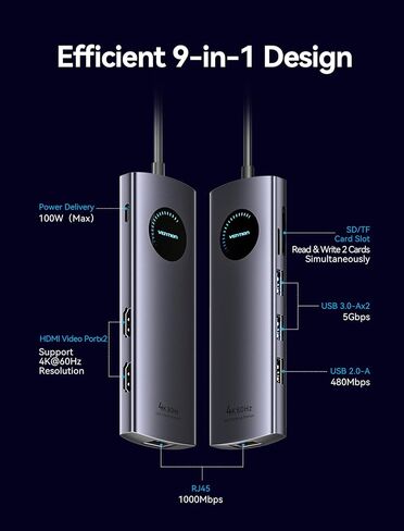 VENTION 9-in-1 USB C Docking Station, Dual 4K@60Hz HDMI, 100W PD, Gigabit Ethernet, 5Gbps USB-A, SD/TF, Grey, Windows/MacBook Compatible, Dell XPS, HP Spectre, Lenovo Yoga, Surface Pro, MacBook Air in Saudi Arabia