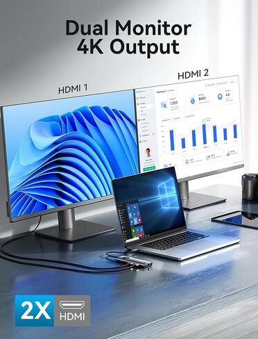VENTION 9-in-1 USB C Docking Station, Dual 4K@60Hz HDMI, 100W PD, Gigabit Ethernet, 5Gbps USB-A, SD/TF, Grey, Windows/MacBook Compatible, Dell XPS, HP Spectre, Lenovo Yoga, Surface Pro, MacBook Air in Saudi Arabia
