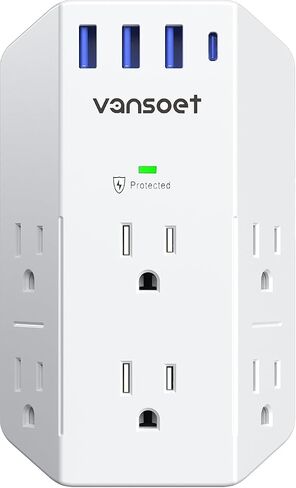 Wall Outlet Extender, Vansoet 6 Outlet Splitter with 4 USB Ports(1 USB C PD 20W), 2100J Surge Protector Power Strip, 3 Side Multi Plug Outlet for Travel, Home, Office, Dorm in Kuwait