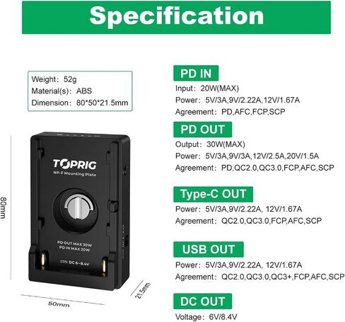 Accsoon Toprig NP-F Battery Adapter Mount Plate LED Indicator PD20W Fast Charging 1/4'' Screw Mount with USB-C&DC Output Compatible with Sony NP-F 550/750/970 DSLR Camera Charger Video Rig Lightweight in Kuwait
