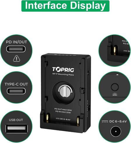 Accsoon Toprig NP-F Battery Adapter Mount Plate LED Indicator PD20W Fast Charging 1/4'' Screw Mount with USB-C&DC Output Compatible with Sony NP-F 550/750/970 DSLR Camera Charger Video Rig Lightweight in Kuwait