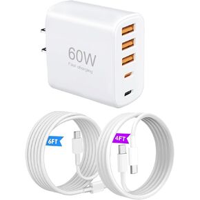 USB C Charger Block, 60W Fast Charging Multiport Adpater [2 USB-C & 3 USB-A Port] with 4FT & 6FT USB C Cable, 5-Port Type C Box Brick USB A Plug for i Phone 17/16/15/S25/S24/S23 in Kuwait