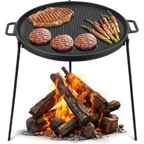 Onlyfire 18" Campfire Grill Griddle, Double Sided Reversible Portable Campfire Grill, Cast Iron Camping Griddle with Handles, 3 Removable & Height Adjustable Legs, Perfect for Grills and Outdoor BBQ in Kuwait