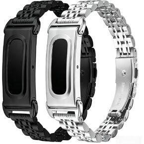 Stainless Steel Metal Band Compatible with Google Fitbit Air,2 Pack Replacement Watch Strap (Black + Silver), Adjustable Metal Link Bracelet Wristband for Men Women, Fits 5.5-8.1 Inch Wrist in Saudi Arabia