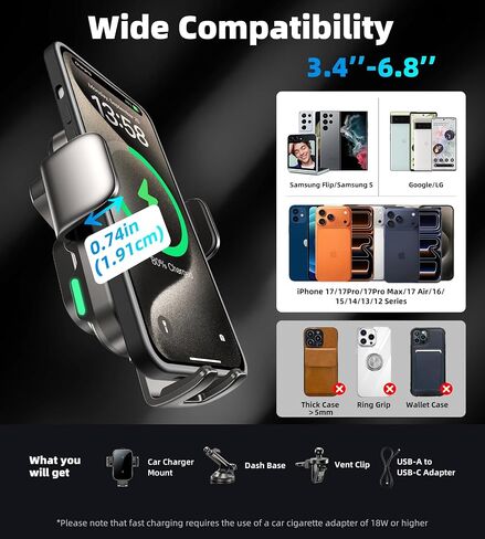 Dual Coil 15W Car Phone Holder (Not Easy to Disconnect) Wireless Car Charger -Auto Clamping- Charging Phone Holders for Your Car Dash Vent Windshield, for Flip S24/S23/S22/S21, iPhone 17/16/15 in Kuwait