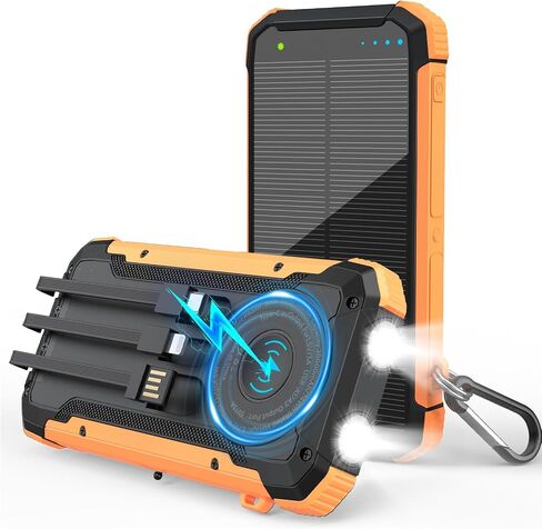 Solar Power Bank 20000mAh, Portable Charger with Built-in 3 Cables (USB-C/Lightning/Micro-USB), 15W Fast Charge, Battery Pack for iPhone Samsung Android, Solar for Emergency Only, Perfect for Camping in Kuwait